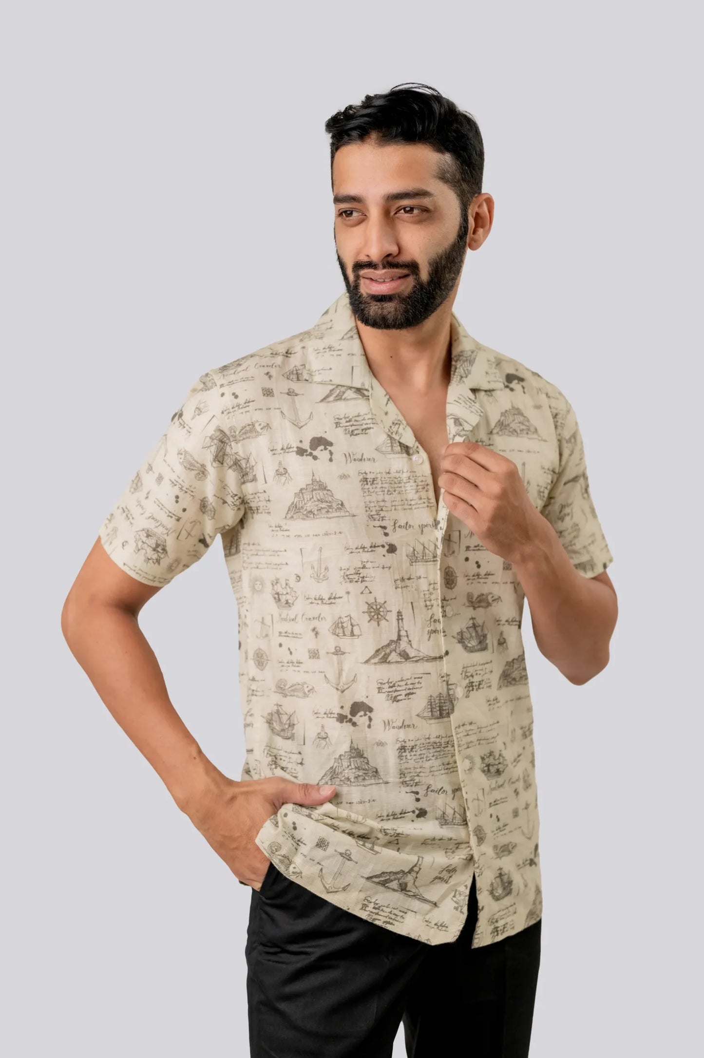 Linen Ocean Print Half Sleeve Shirt For Men