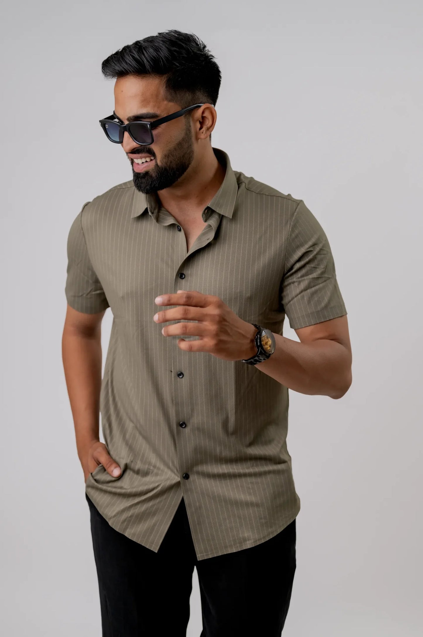 Casual Slate Stripped Men's Half Sleeve Shirt