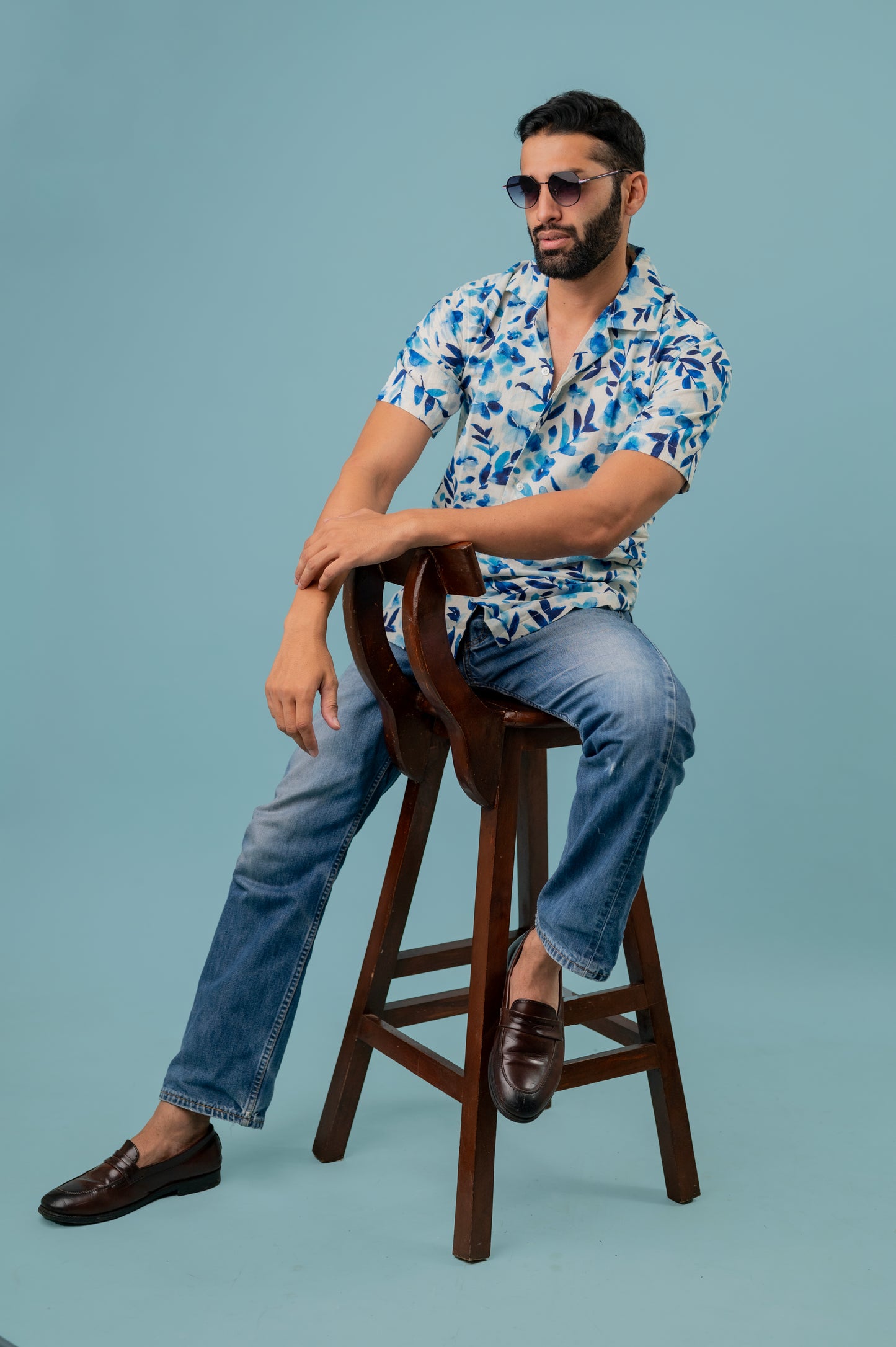 Linen Blue Leaf Printed Half Sleeve Shirt For Men
