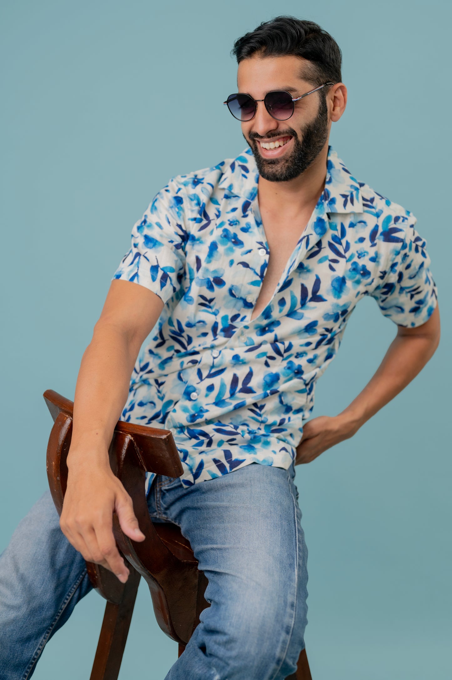 Linen Blue Leaf Printed Half Sleeve Shirt For Men