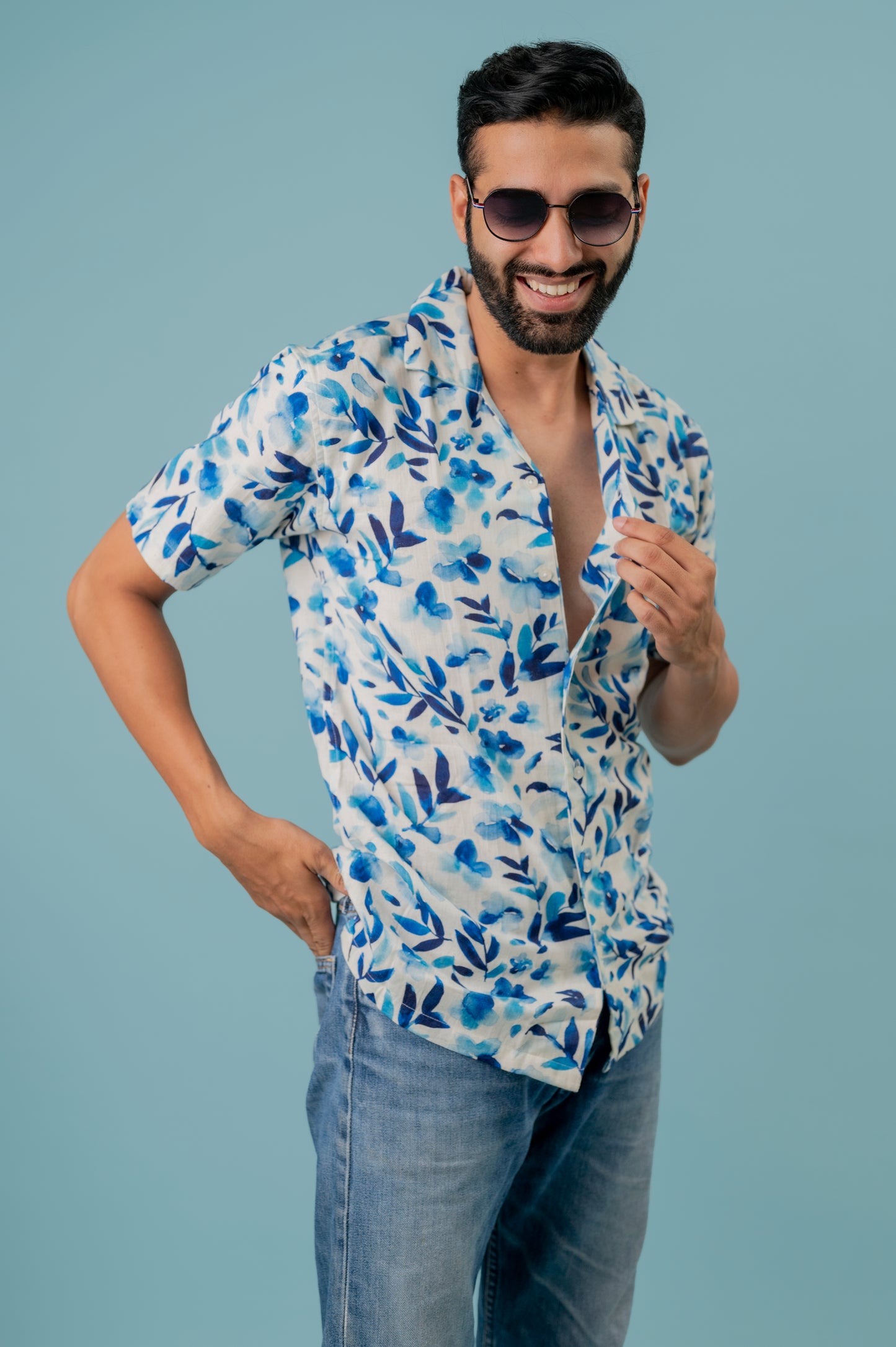 Linen Blue Leaf Printed Half Sleeve Shirt For Men