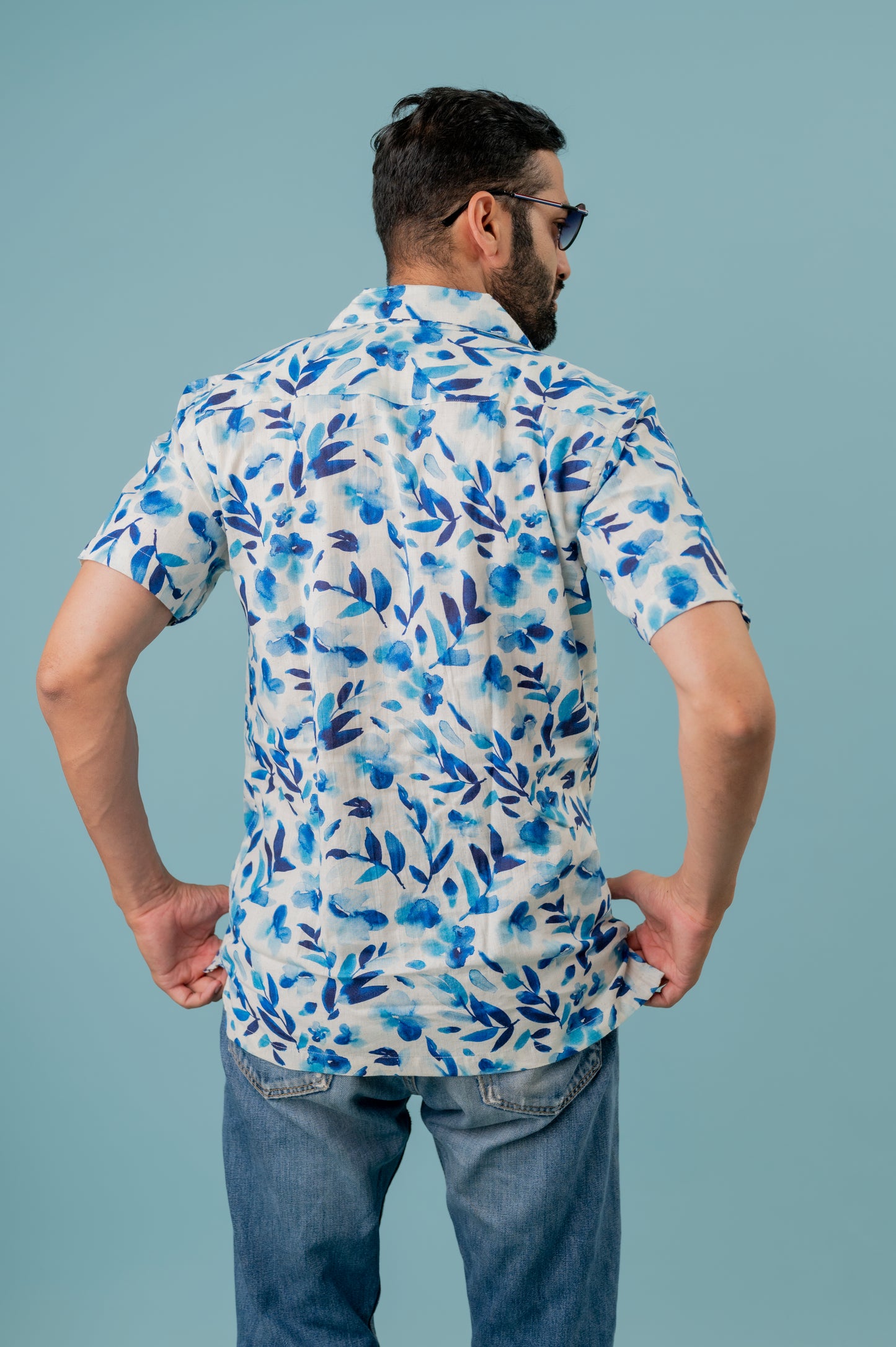 Linen Blue Leaf Printed Half Sleeve Shirt For Men