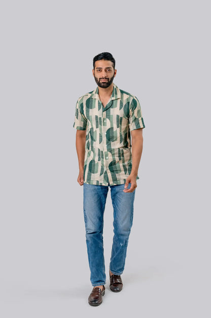 Linen Geometric Print Half Sleeve Shirt