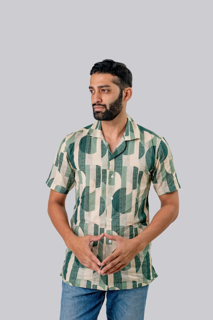 Linen Geometric Print Half Sleeve Shirt