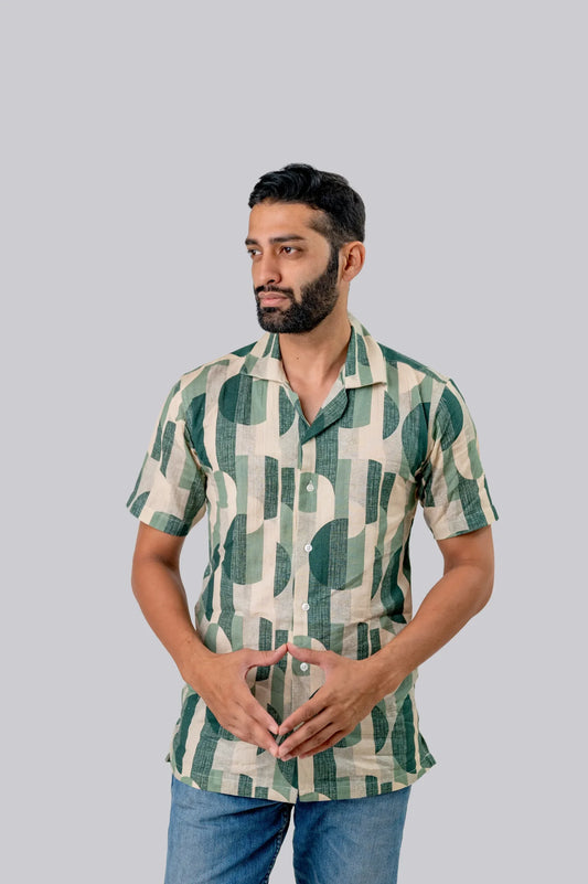 Linen Geometric Print Half Sleeve Shirt