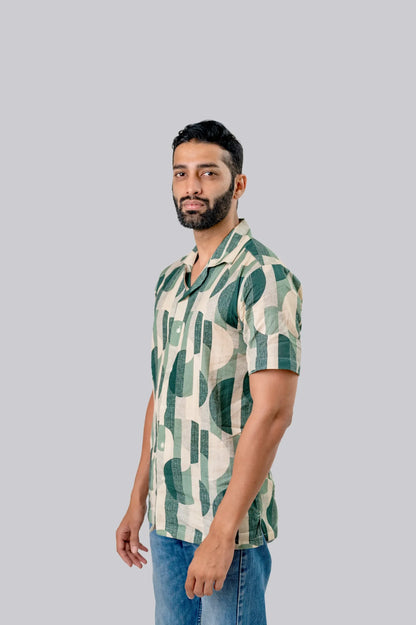 Linen Geometric Print Half Sleeve Shirt
