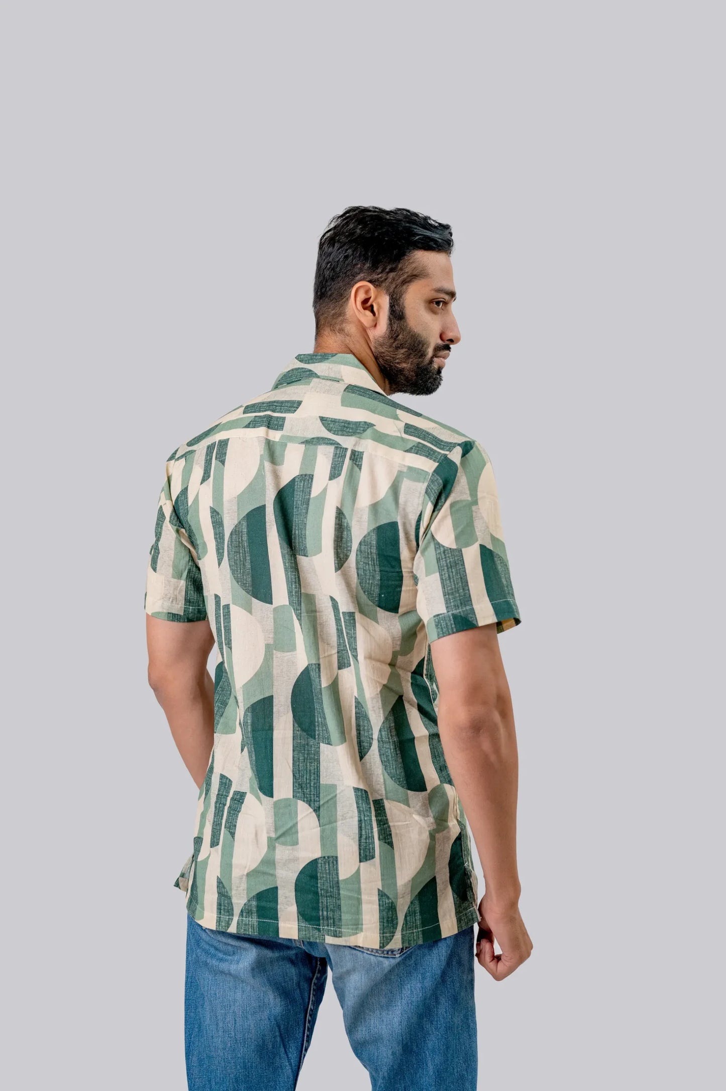 Linen Geometric Print Half Sleeve Shirt