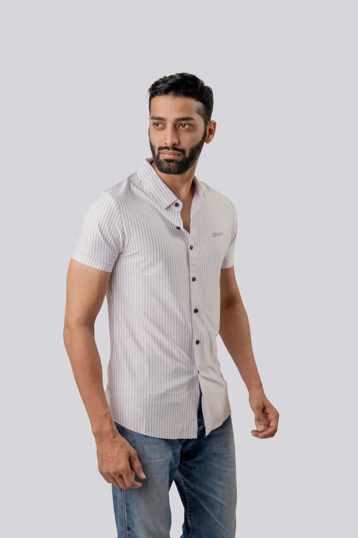 Seamless White Striped Half Sleeve Shirt For Men