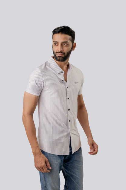 Seamless White Striped Half Sleeve Shirt For Men