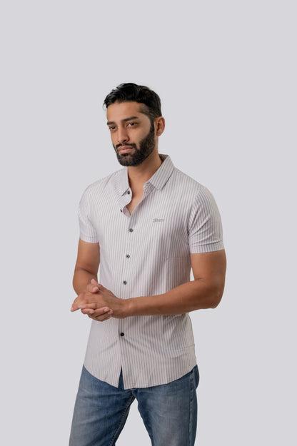Seamless White Striped Half Sleeve Shirt For Men