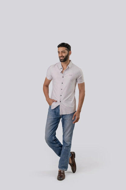 Seamless White Striped Half Sleeve Shirt For Men