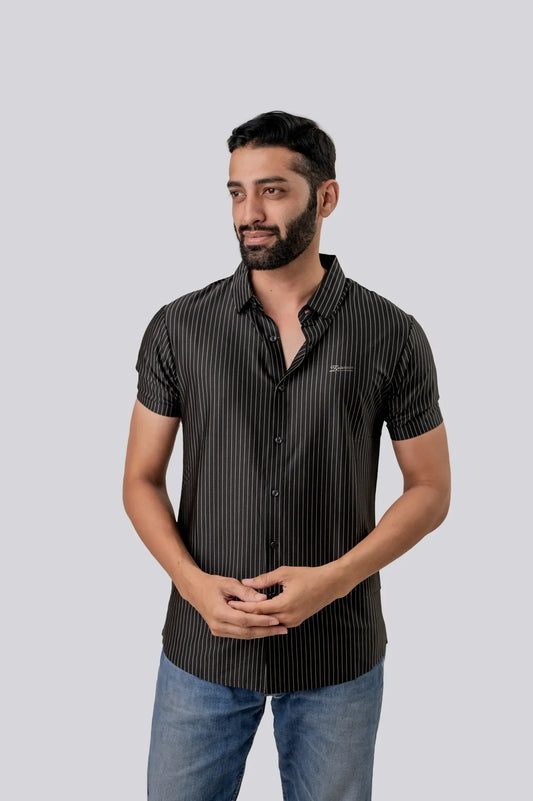 Casual Black Stiped Half Sleeve Shirt For Men