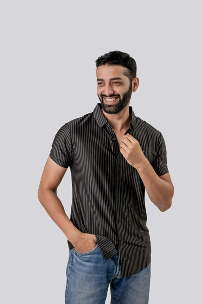 Casual Black Stiped Half Sleeve Shirt For Men