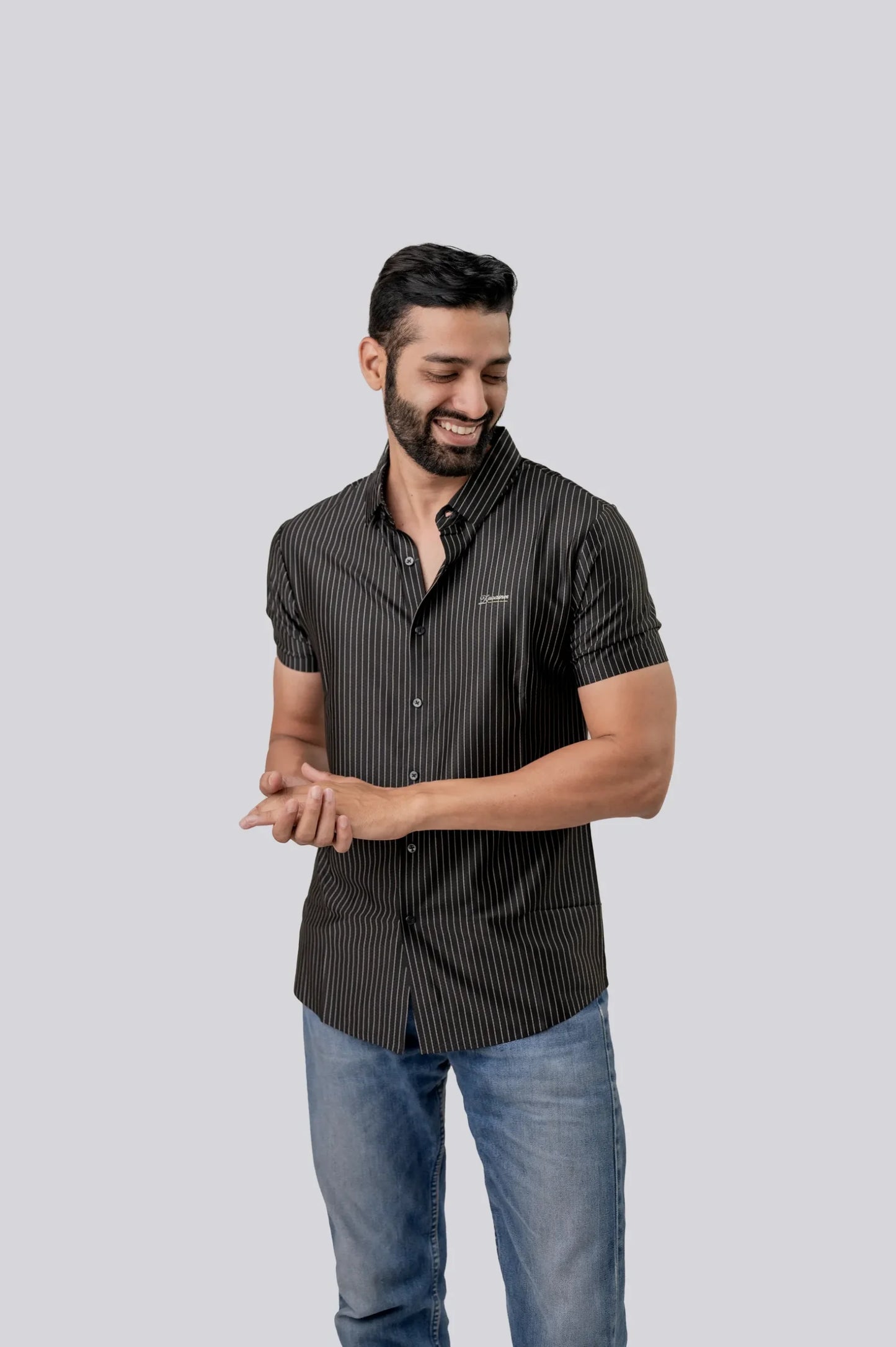 Casual Black Stiped Half Sleeve Shirt For Men