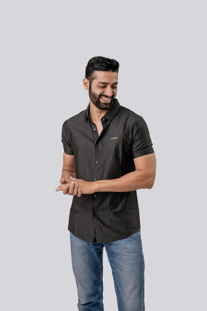 Casual Black Stiped Half Sleeve Shirt For Men