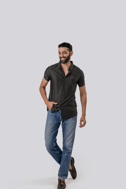 Casual Black Stiped Half Sleeve Shirt For Men