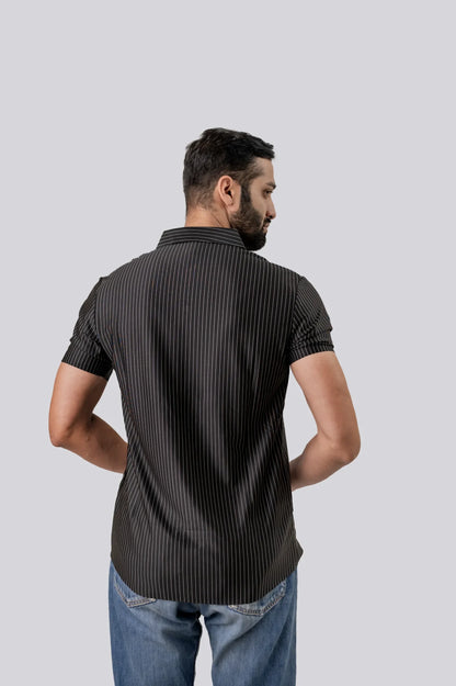 Casual Black Stiped Half Sleeve Shirt For Men
