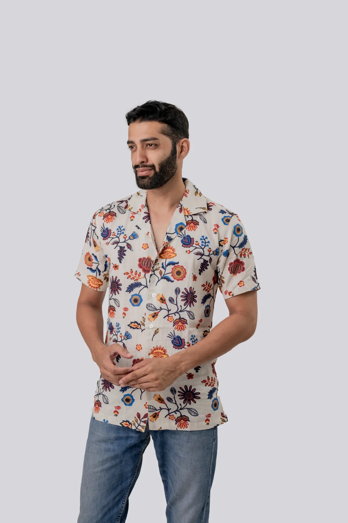 Linen Flower Printed Half Sleeve Shirt For Men