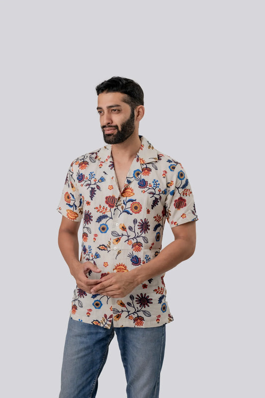 Linen Flower Printed Half Sleeve Shirt For Men