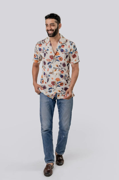 Linen Flower Printed Half Sleeve Shirt For Men