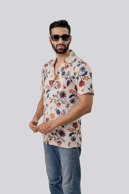 Linen Flower Printed Half Sleeve Shirt For Men