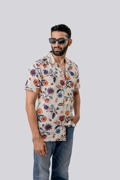 Linen Flower Printed Half Sleeve Shirt For Men