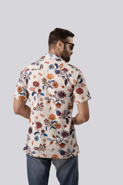 Linen Flower Printed Half Sleeve Shirt For Men