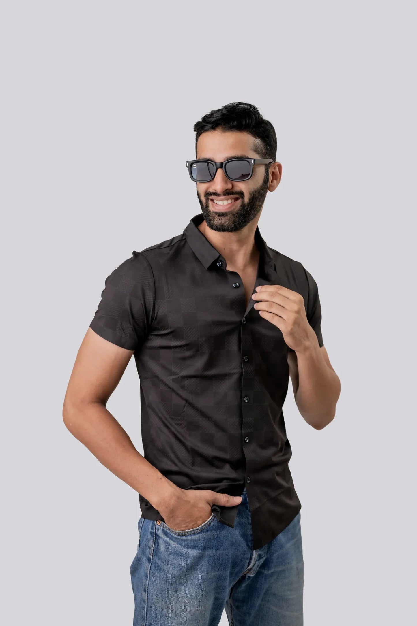 Seamless Black Checks Half Sleeve Shirt For Men