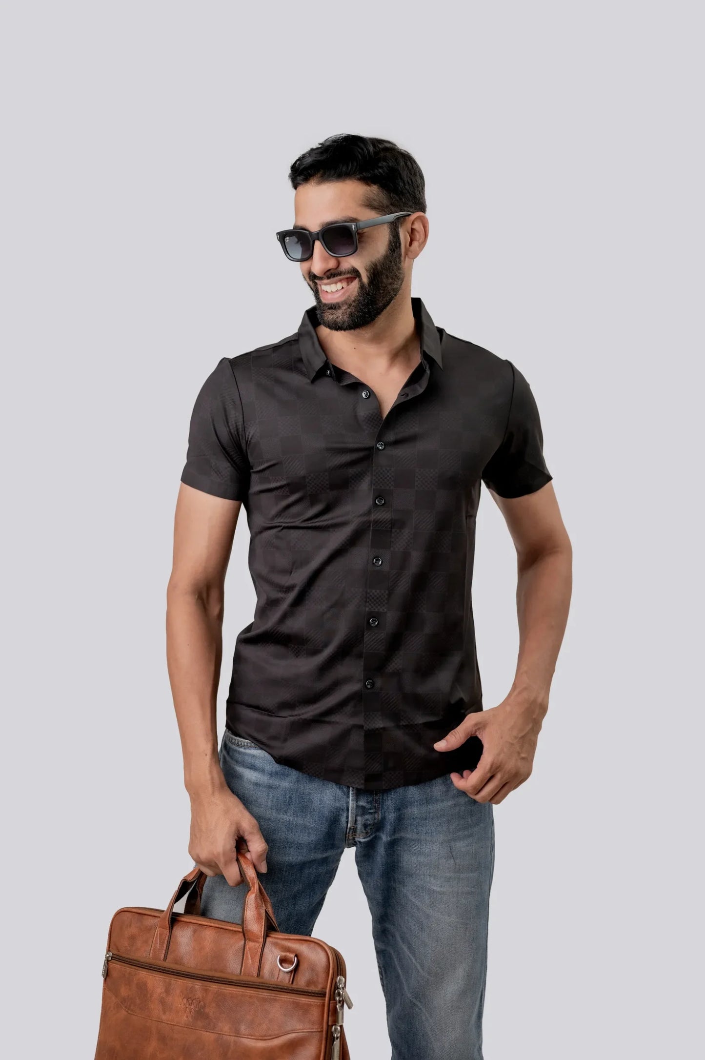 Seamless Black Checks Half Sleeve Shirt For Men