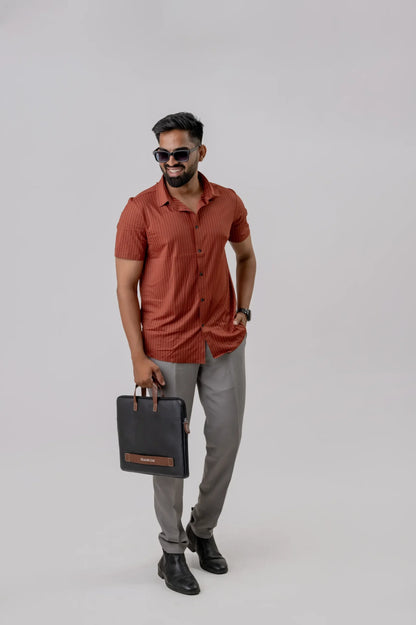 Casual Brick Rosewood Striped Men's Half Sleeve Shirt
