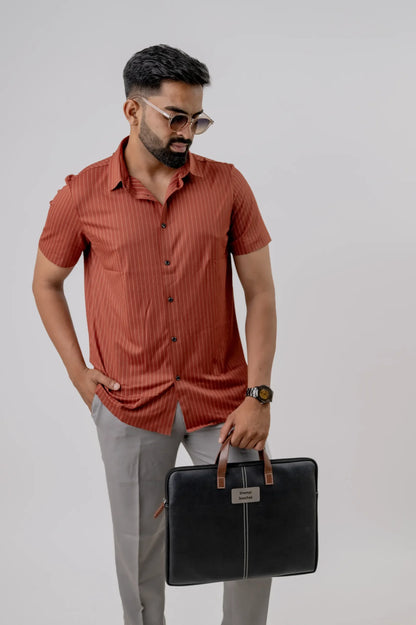 Casual Brick Rosewood Striped Men's Half Sleeve Shirt