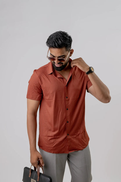Casual Brick Rosewood Striped Men's Half Sleeve Shirt