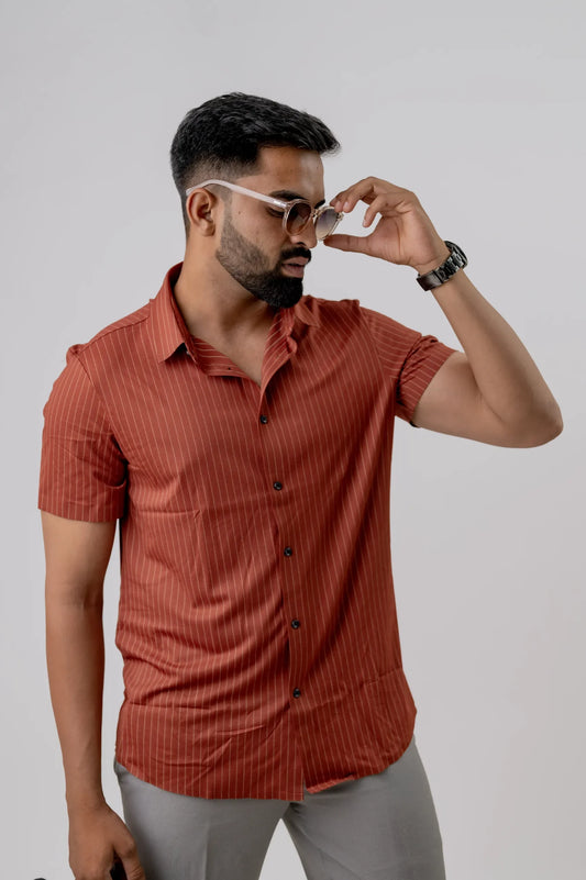Casual Brick Rosewood Striped Men's Half Sleeve Shirt