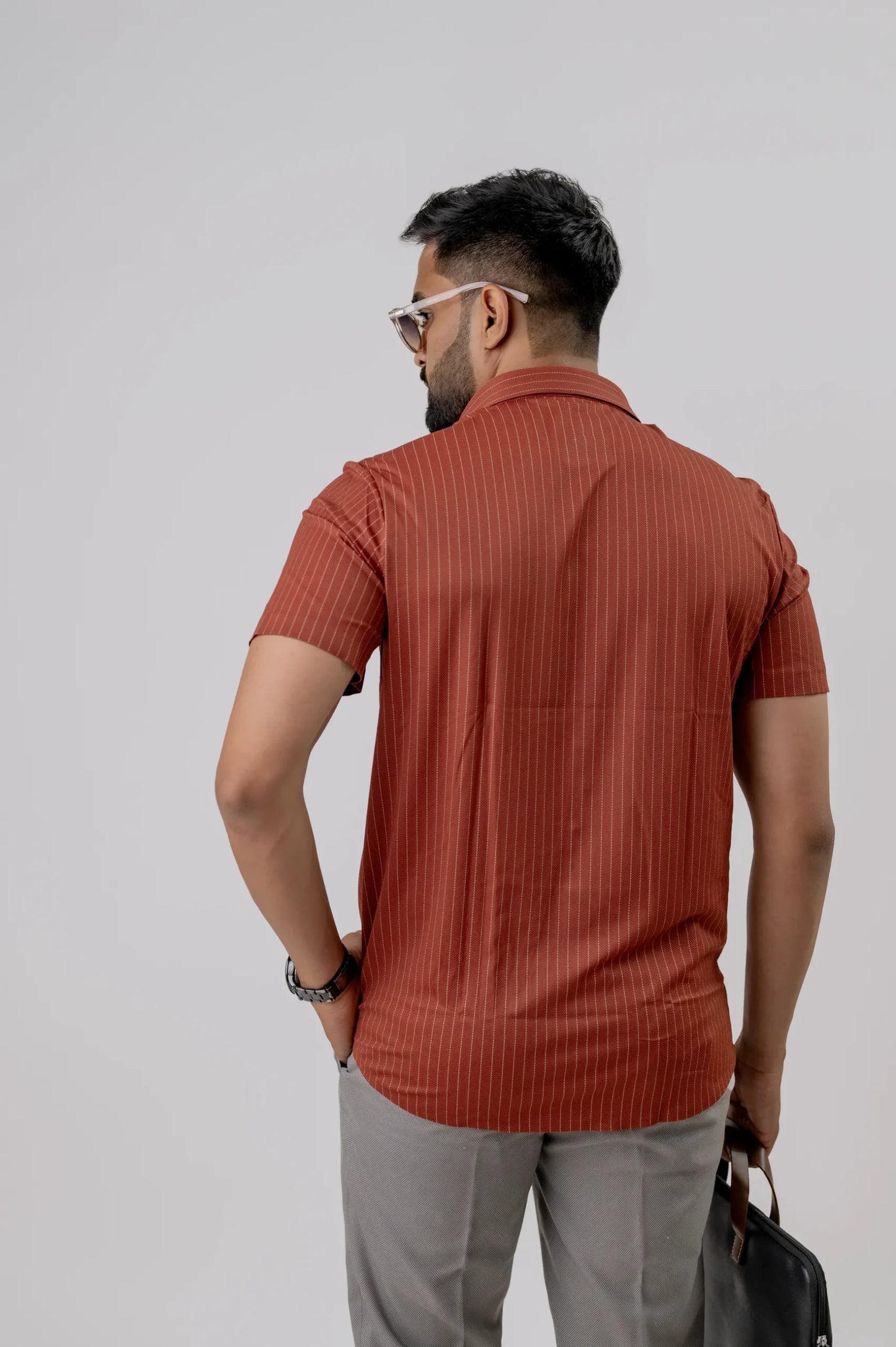 Casual Brick Rosewood Striped Men's Half Sleeve Shirt