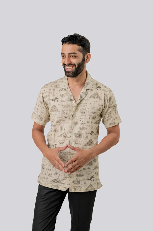Linen Ocean Print Half Sleeve Shirt For Men