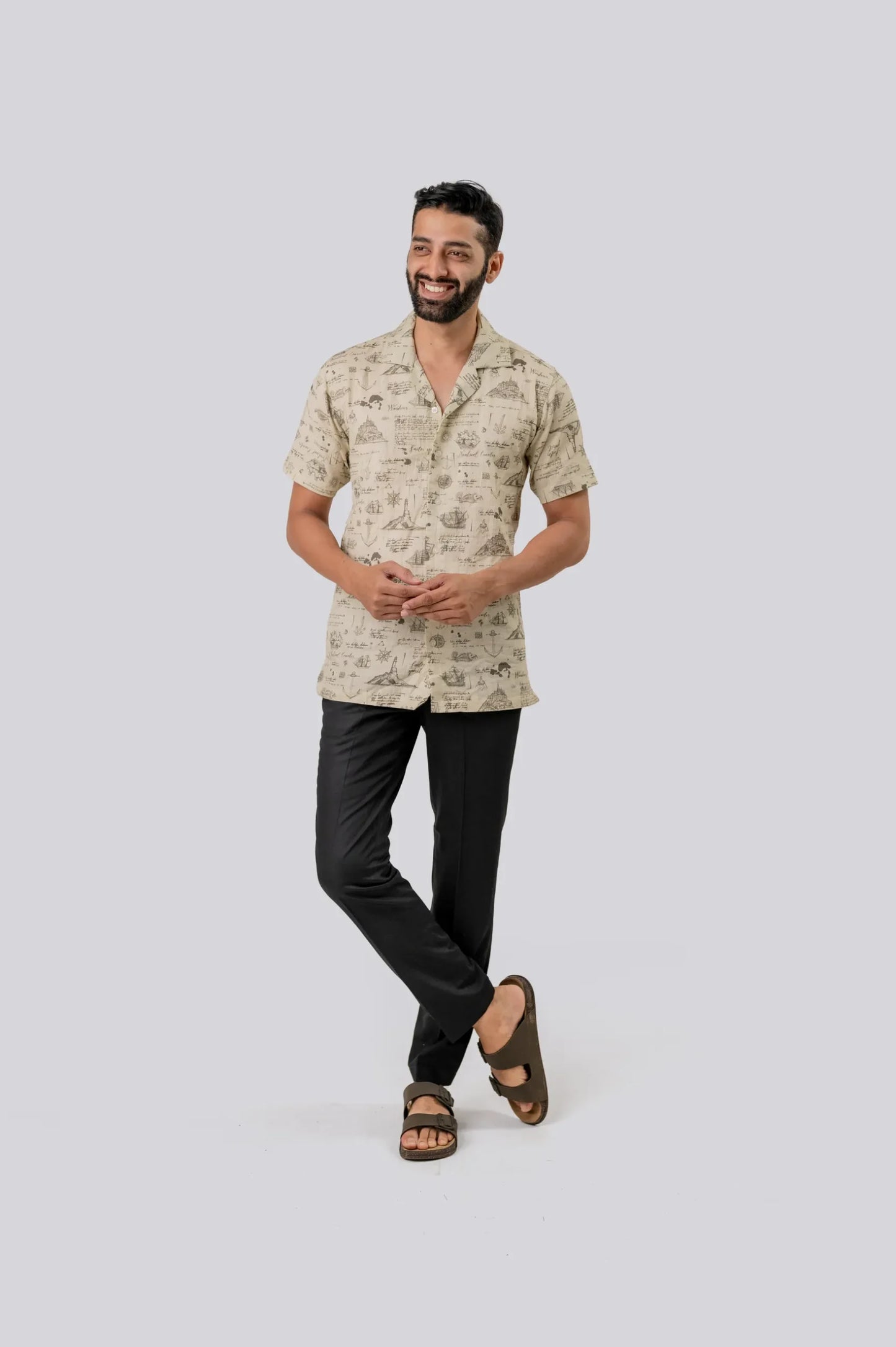 Linen Ocean Print Half Sleeve Shirt For Men