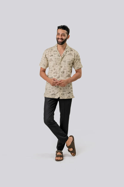 Linen Ocean Print Half Sleeve Shirt For Men