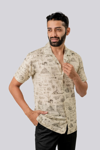 Linen Ocean Print Half Sleeve Shirt For Men