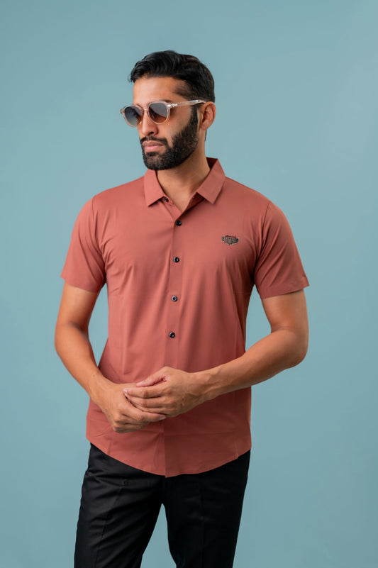 Casual Brick Rosewood Half Sleeve Shirt For Men