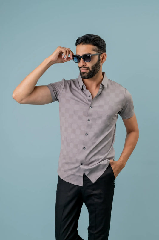 Casual Grey Checks Half Sleeve  Shirt For Men