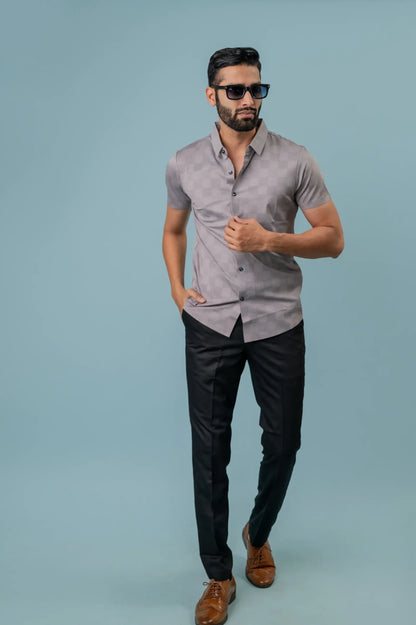 Casual Grey Checks Half Sleeve  Shirt For Men