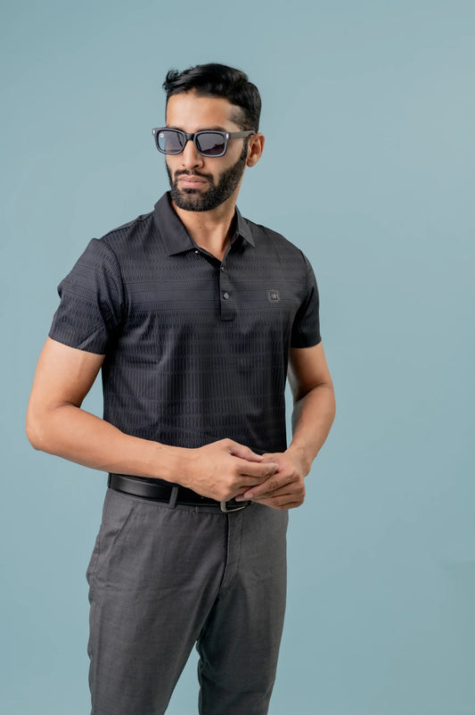 Casual Black Half Sleeve Pattern Design Polo T-shirt For Men
