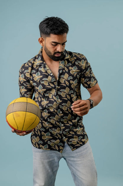Linen Yellow Green Leaf Printed Shirt For Men
