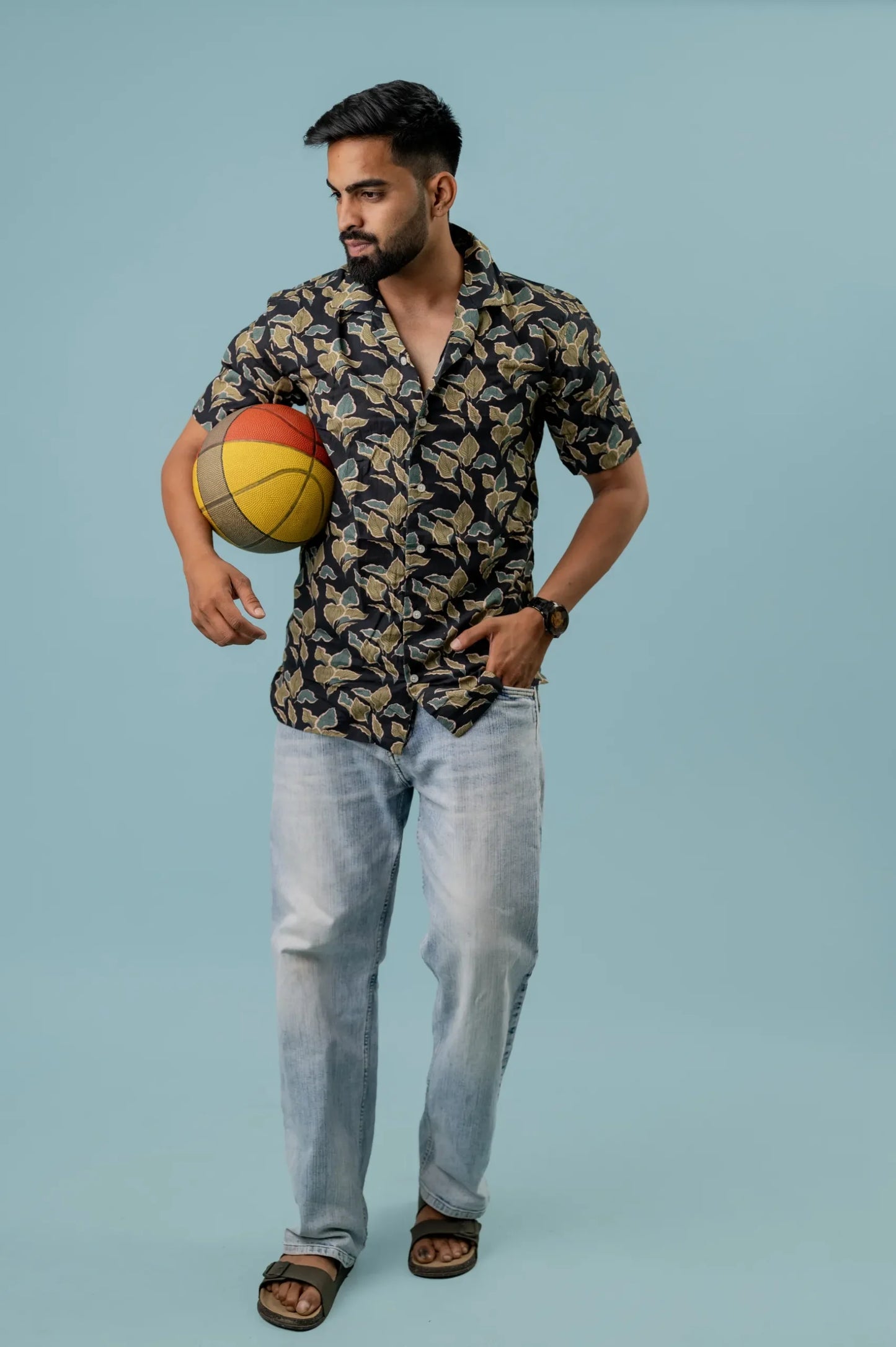 Linen Yellow Green Leaf Printed Shirt For Men