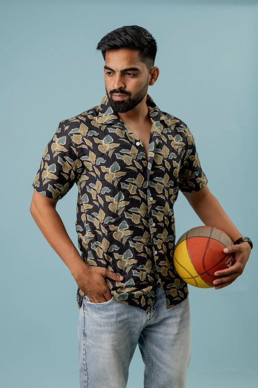 Linen Yellow Green Leaf Printed Shirt For Men
