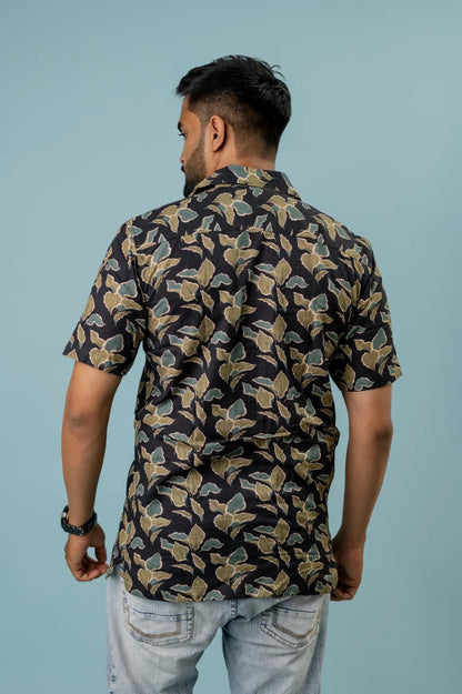 Linen Yellow Green Leaf Printed Shirt For Men