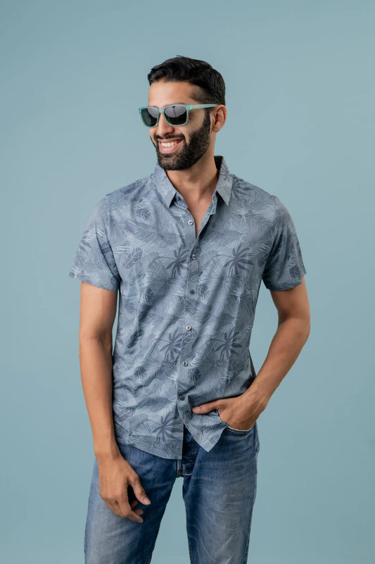 Grey Half Sleeve Leaf Printed Shirt For Men