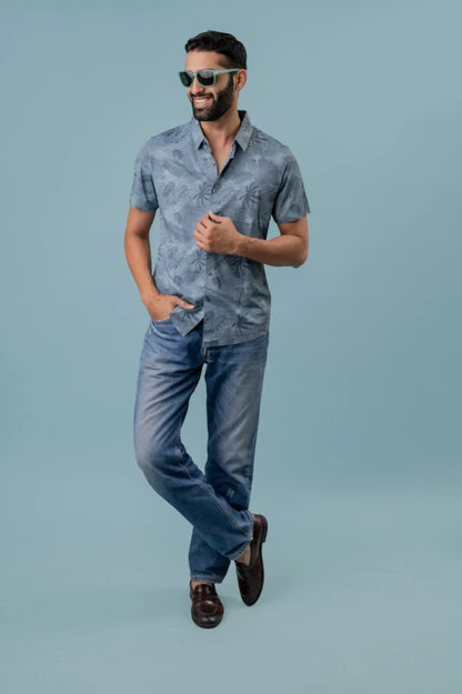 Grey Half Sleeve Leaf Printed Shirt For Men