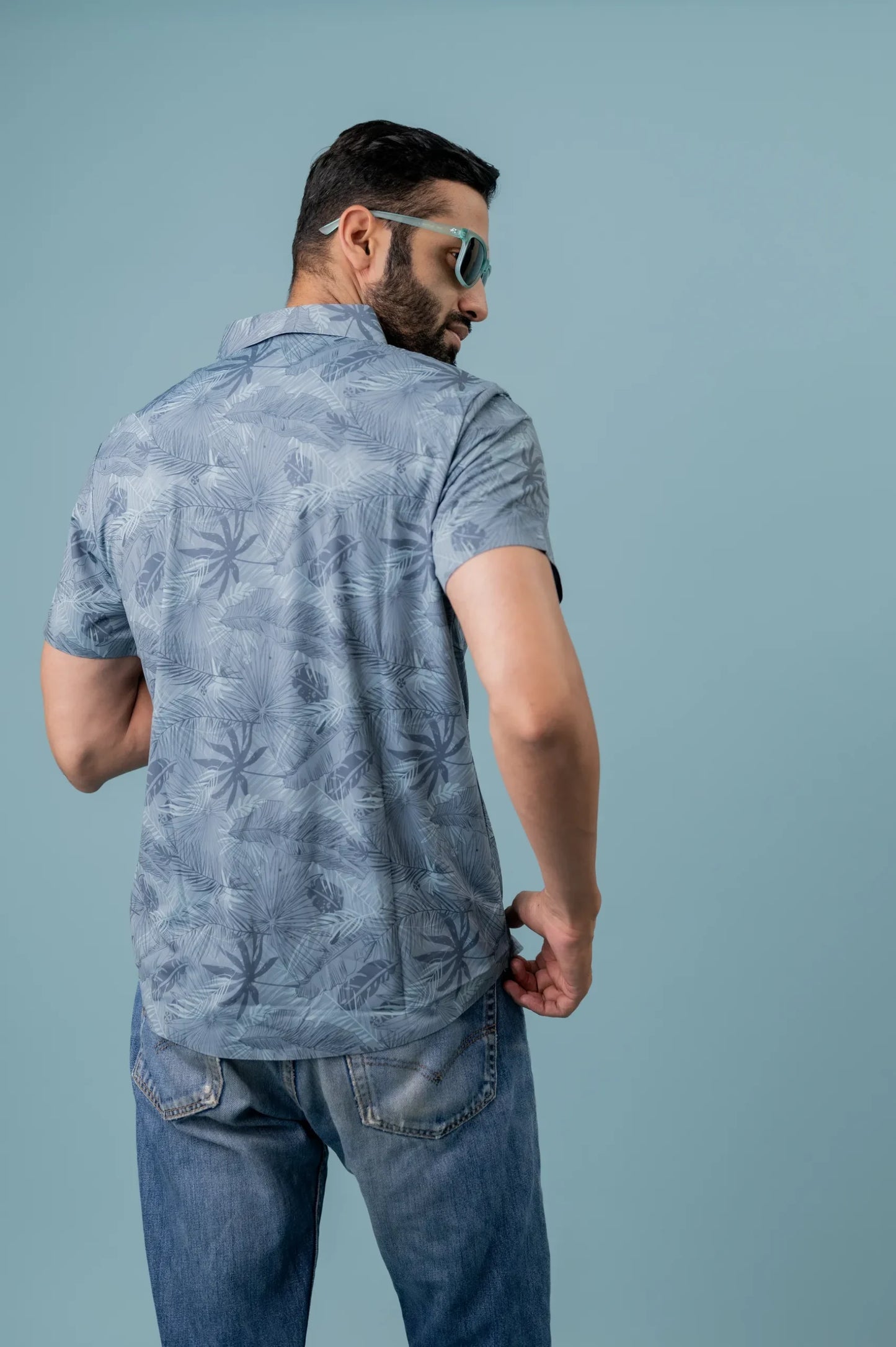 Grey Half Sleeve Leaf Printed Shirt For Men
