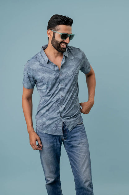 Grey Half Sleeve Leaf Printed Shirt For Men